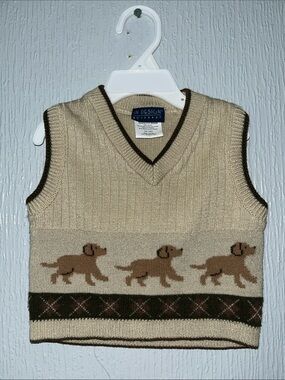 Vintage In Design Brown V-Neck Dog Novelty Print Knit Vest